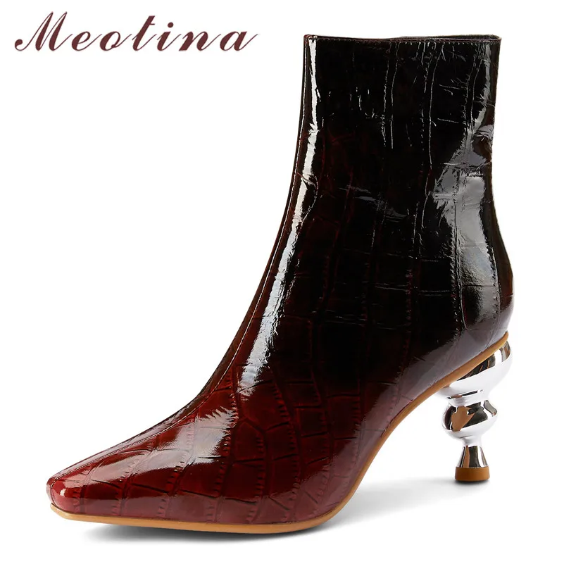 

Meotina/осенние ботильоны; Женские полусапожки из натуральной кожи на высоком каблуке в необычном стиле; Обувь на молнии с квадратным носком; Ж...