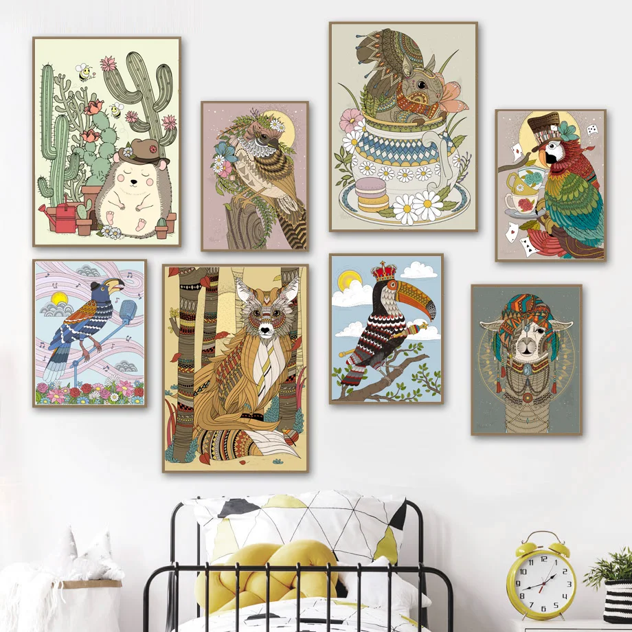 

Tribe Animal Toucan Frog Leopard Sparrow Rabbit Wall Art Canvas Painting Nordic Posters And Prints Wall Pictures Kids Room Decor