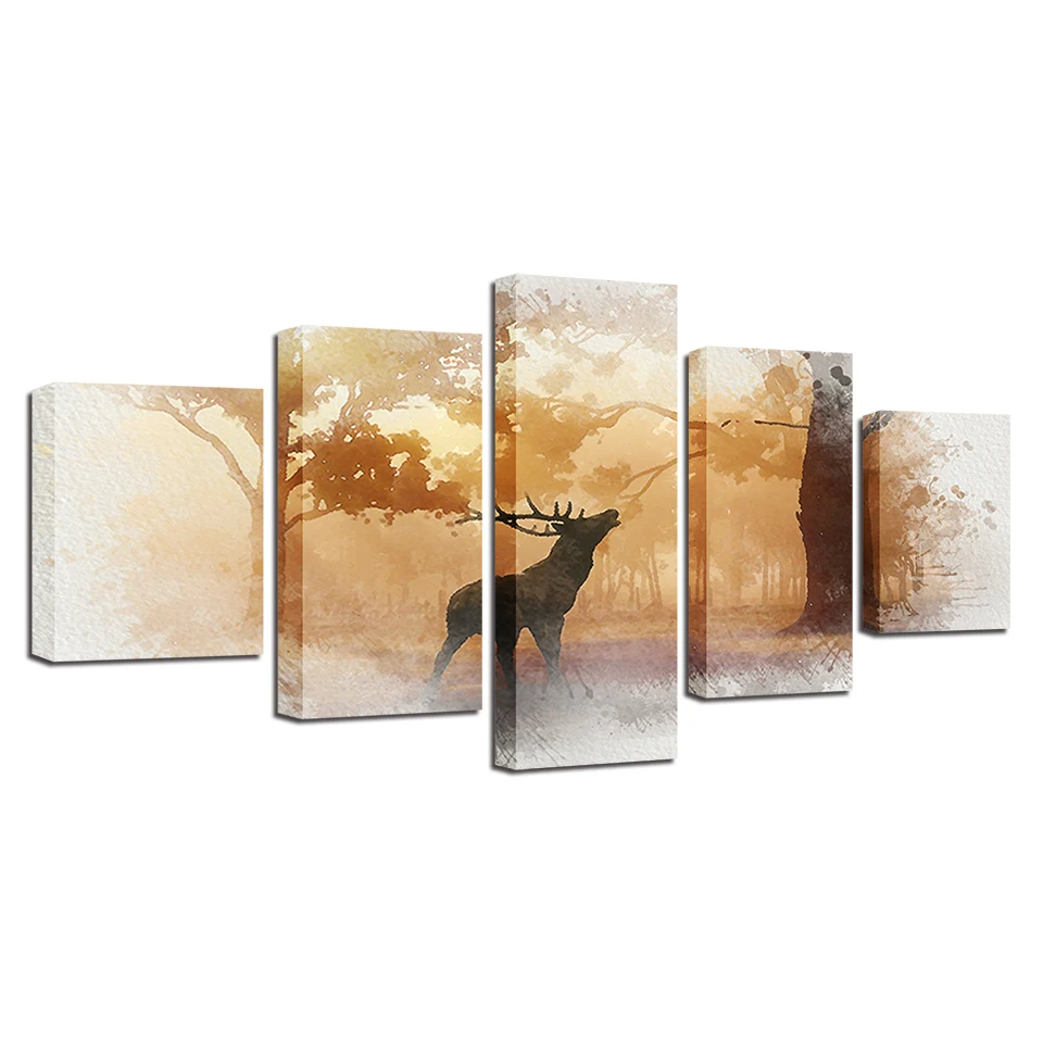 

HD Framework Home Decoration Canvas Painting Poster 5 Panel Forest Deer Animal Wall Artwork Living Room Printed