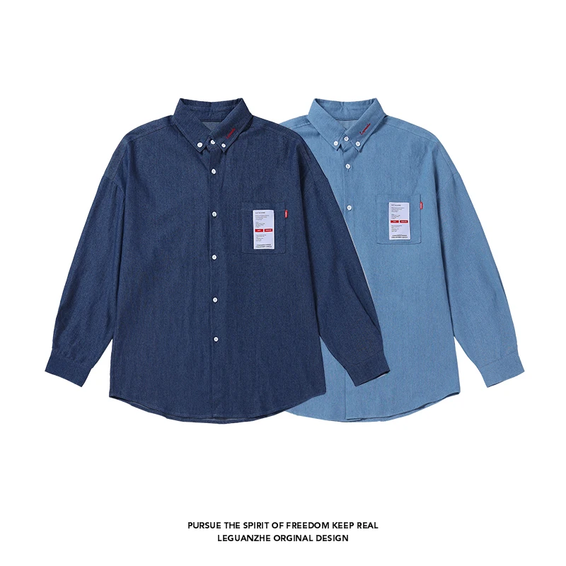

Мужская джинсовая рубашка с длинными рукавами, Классическая однотонная деловая рубашка из денима с карманами в стиле ретро, весна-осень