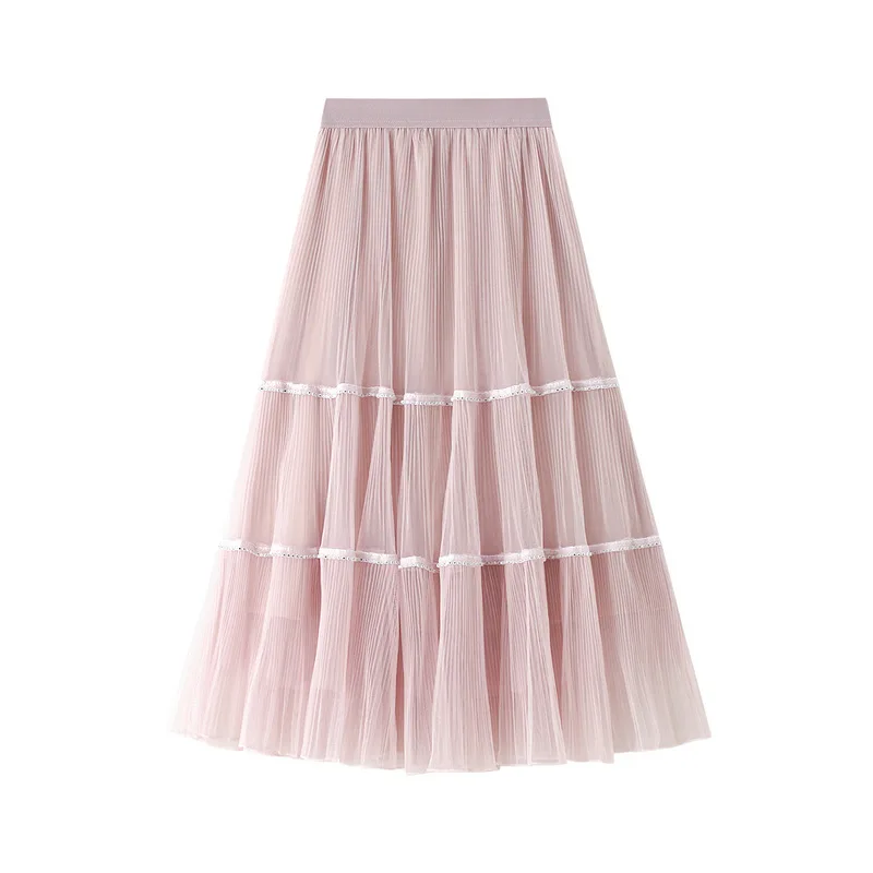

Pink Mesh Skirt Women New Spring Summer Long Tulle Skirt Female High Waist Fashion Rivet Pleated Skirts Ladies White Maxi Skirt