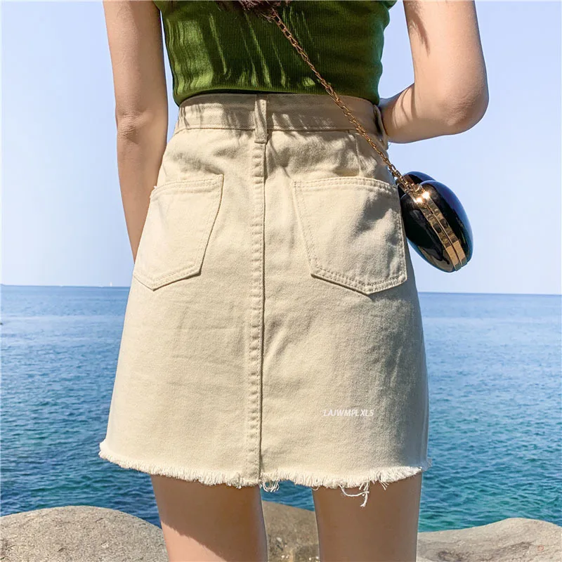

Summer 2021 New Fashion White Blue Skirt For Women Streetwear Single Buttons Ladys Skirt Short Femme