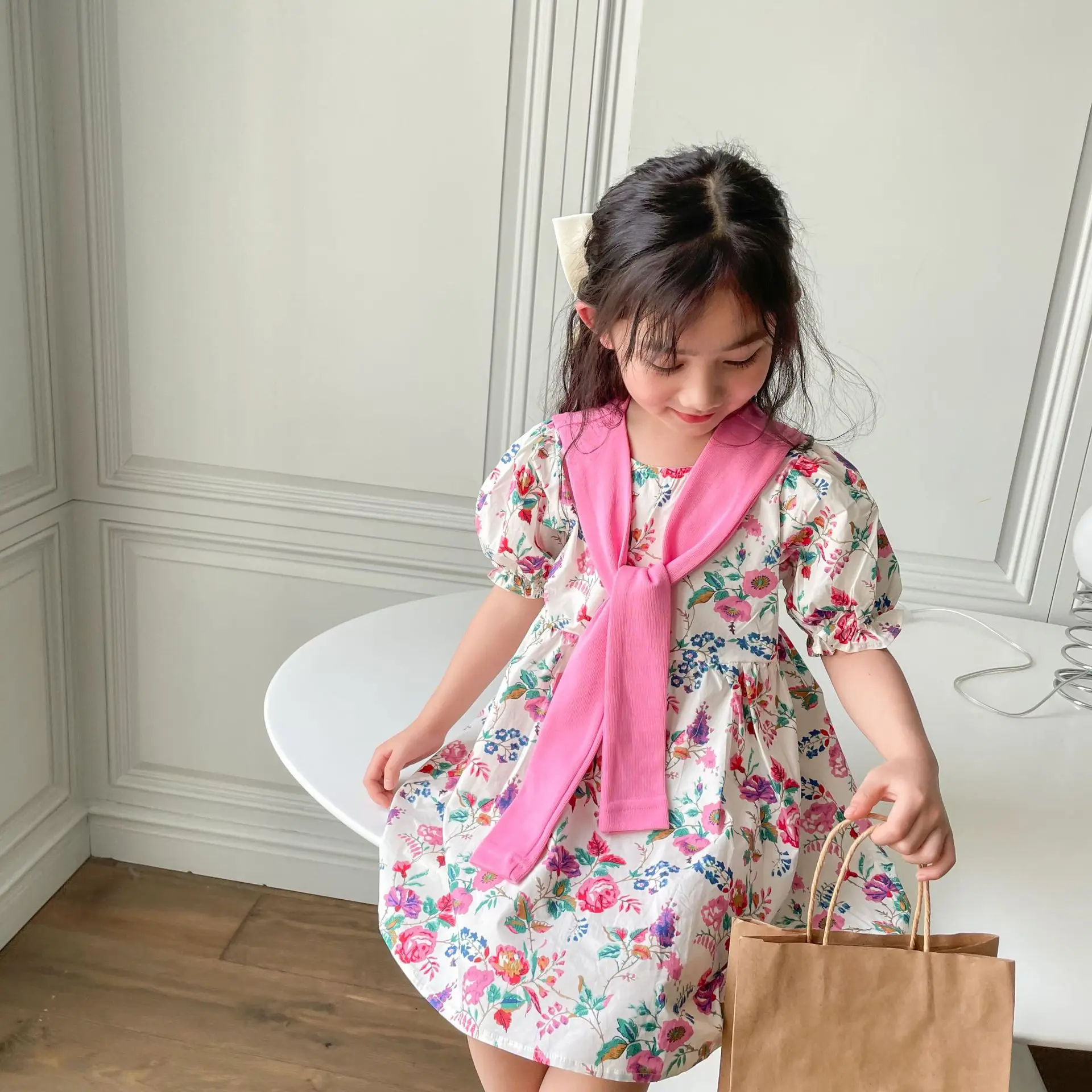 

WLG Girls Cute Dresses Kids Clothes Summer Floral Printed Short Sleeve White Dress Baby Girl Princess All Match Clothes