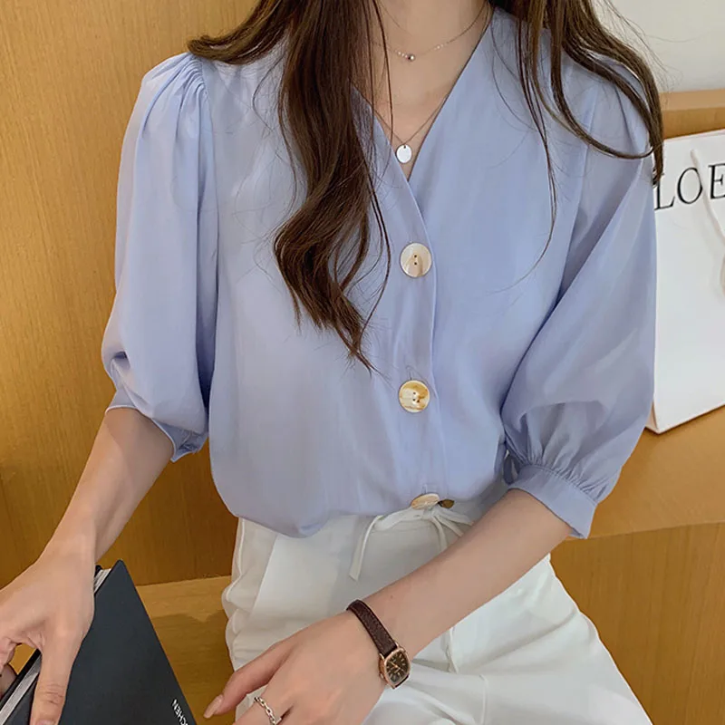 Female shirts womens tops and blouses 2019 ladies short sleeve white button green Three Quarter Chiffon V-Neck Solid 0078 | Женская