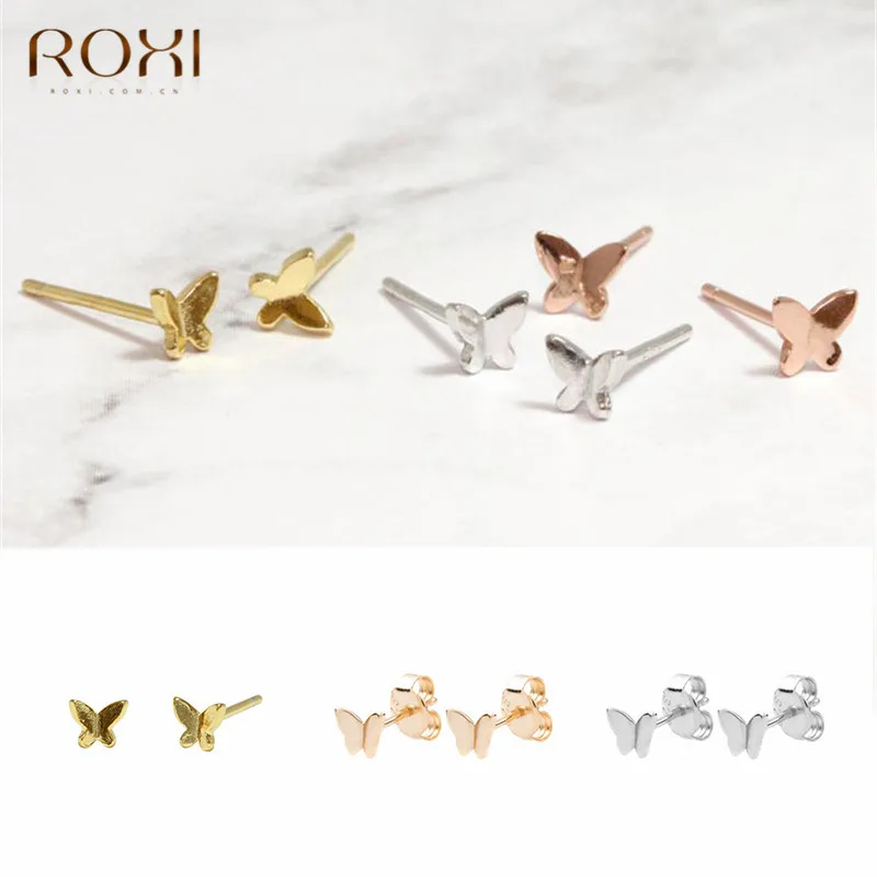 Корейские золотые серьги-гвоздики ROXI с бабочкой для женщин, Детские полированные серьги-бабочки для хряща ушной раковины, серьги из стерлингового серебра 925 пробы
