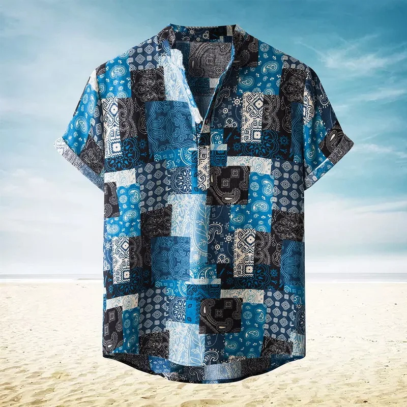 

2021 Men's Short Sleeve Lapel Printed Shirt Geometric Print Short Sleeve Lapel Neck Button Leisure Hawaiian Shirts Men tops
