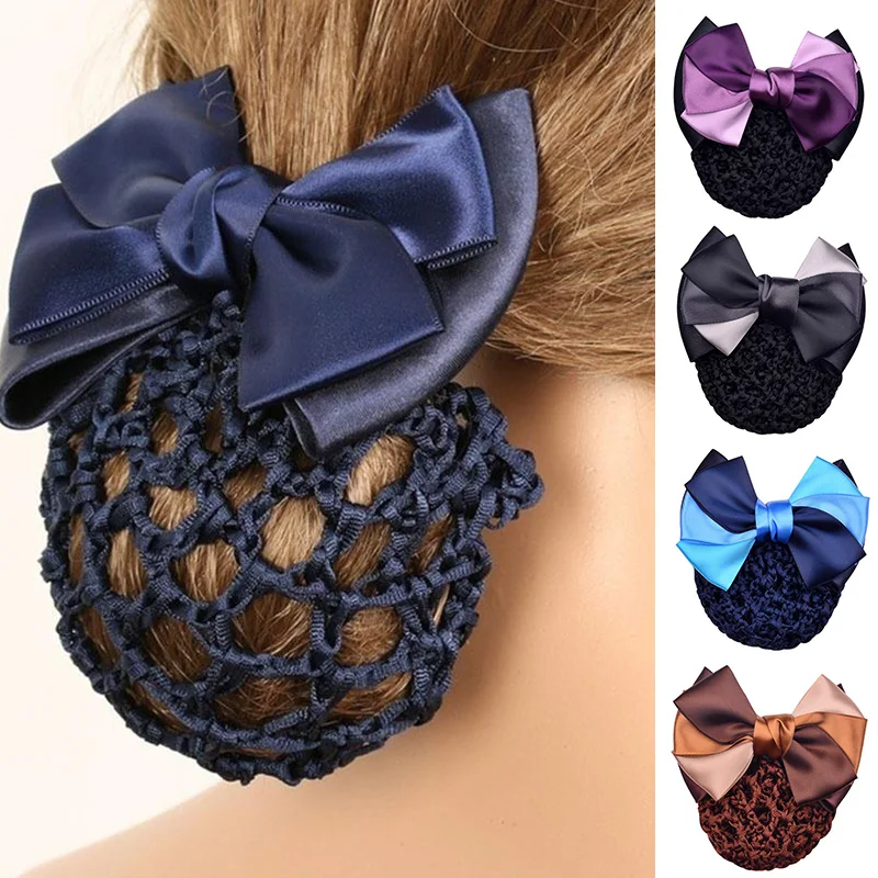 

New Fashion Contrast Women Hair Clip with Hair Net Bag Bank Hotel Staff Flight Attendant Ladies Bow-knot Hairclips Net Hairpin