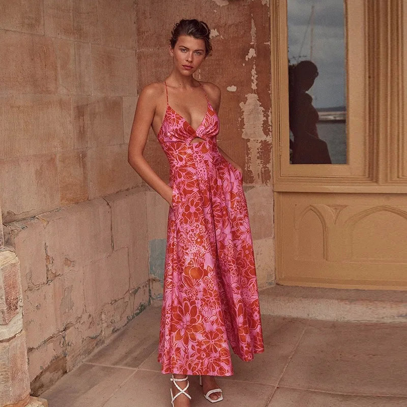 

Summer New Style Women's Sling Deep V-Neck Strapless Backless Low-Cut Printing Hollow Long Dress