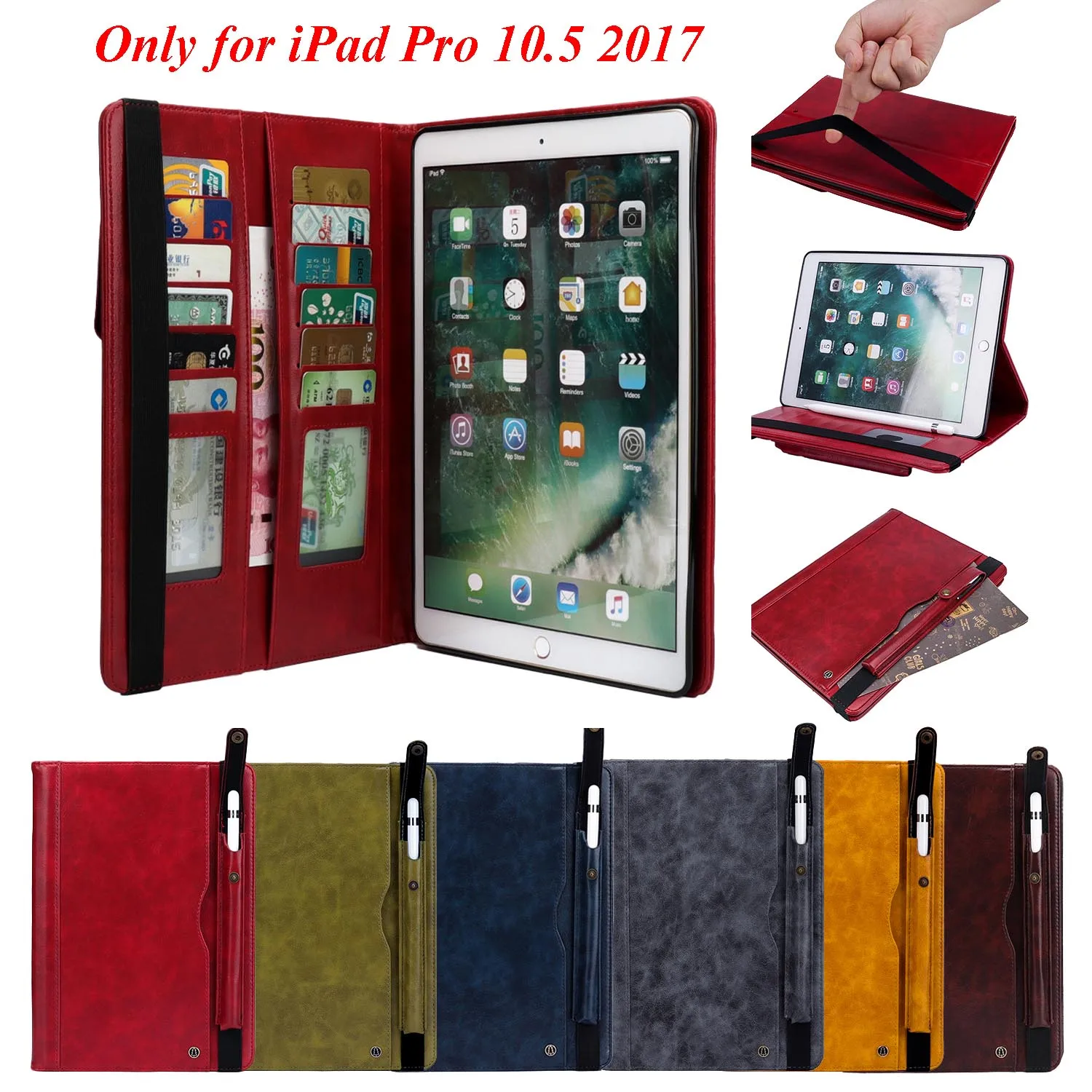 Для iPad Pro 10,5 чехол премиум класса из искусственной кожи чехол с кошельком с отделением для карт чехол для планшета с откидной подставкой+ стилус+ пленка