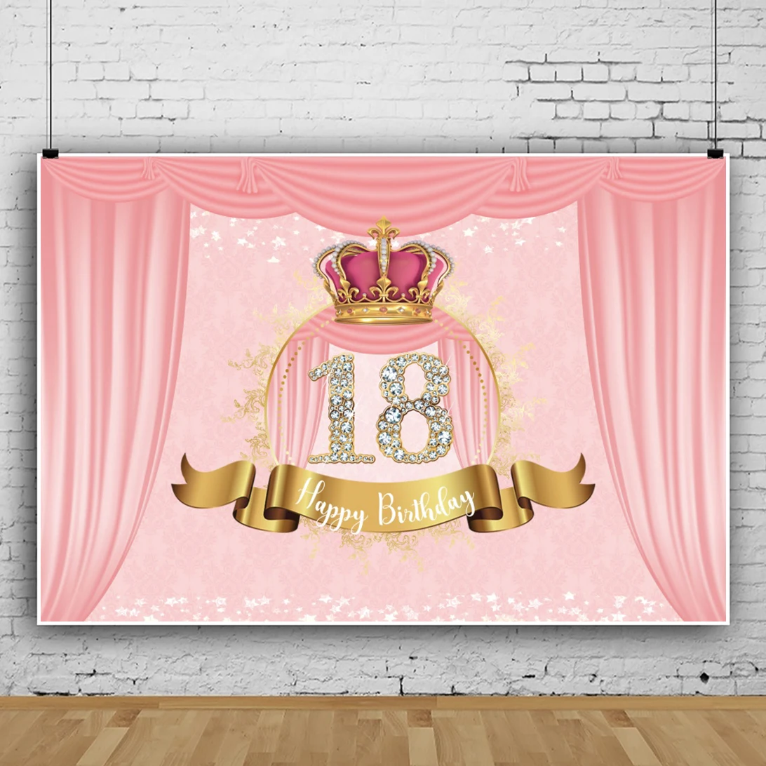 

Фотофон Laeacco для девочек на 18-й день рождения с розовыми занавесками Золотая Корона Блестящий светильник Графический фон на заказ