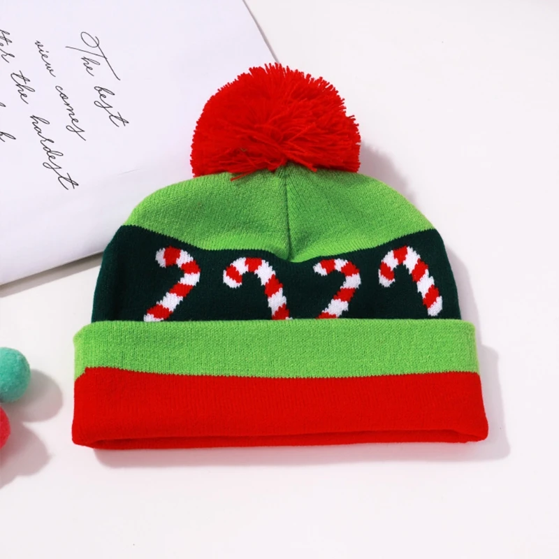 

Children Kids Christmas 2 Pieces Pompom Beanie Hat Tassels Long Scarf Set Contrast Color Striped Knitted Skull Cap Neck Warmer