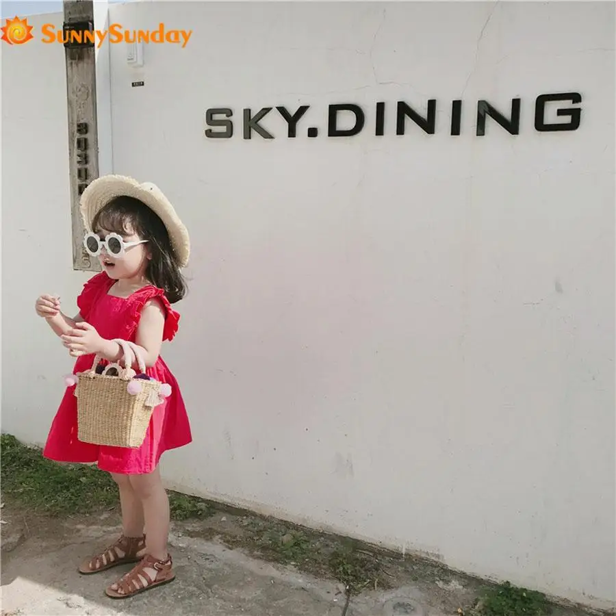 

Fashion Summer Girls'Soft Cotton Solid Backless Lace Dress Casual O-Neck Knee-Length Cute Sleeveless Dresses For Girls Party