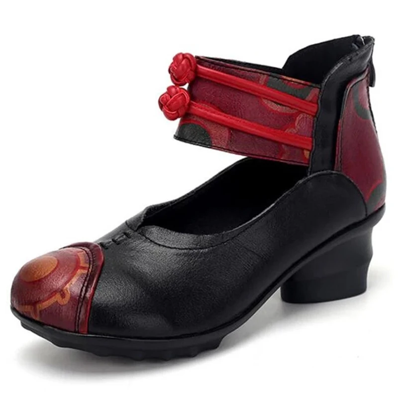 

Ethnic Style Genuine Leather Women Shoes with Thick Heels Ladies Comfort Fashion Dancing Shoes Female Outsole Red Wedding Pumps