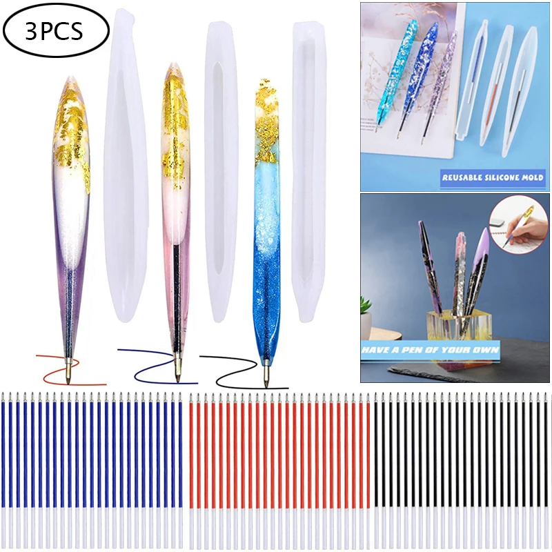 

3 Pcs Pen Resin Mold Handmade Ballpoint Silicone UV Epoxy Resin Casting Molds Penholder with 75 Pcs Refill Pens for Craft Making