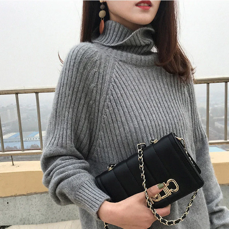 

Fall Winter Women's Sweater Turtleneck Pullovers Casual Solid Stretch Striped Sweater Korean Top Knitted Bottoming Tops Black
