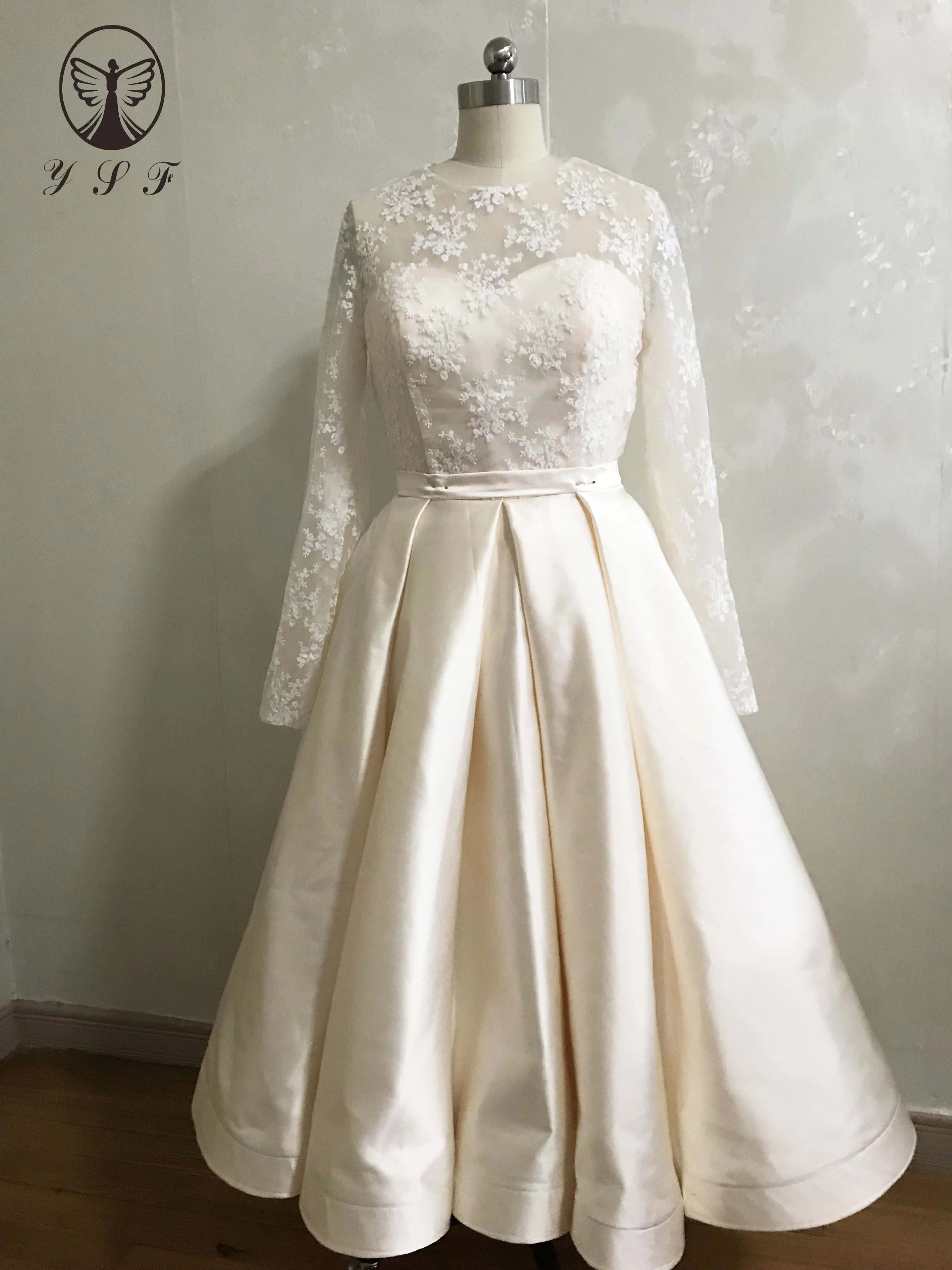 YSF простой дизайн кружевные платья до колена с о вырезом и длинным рукавом