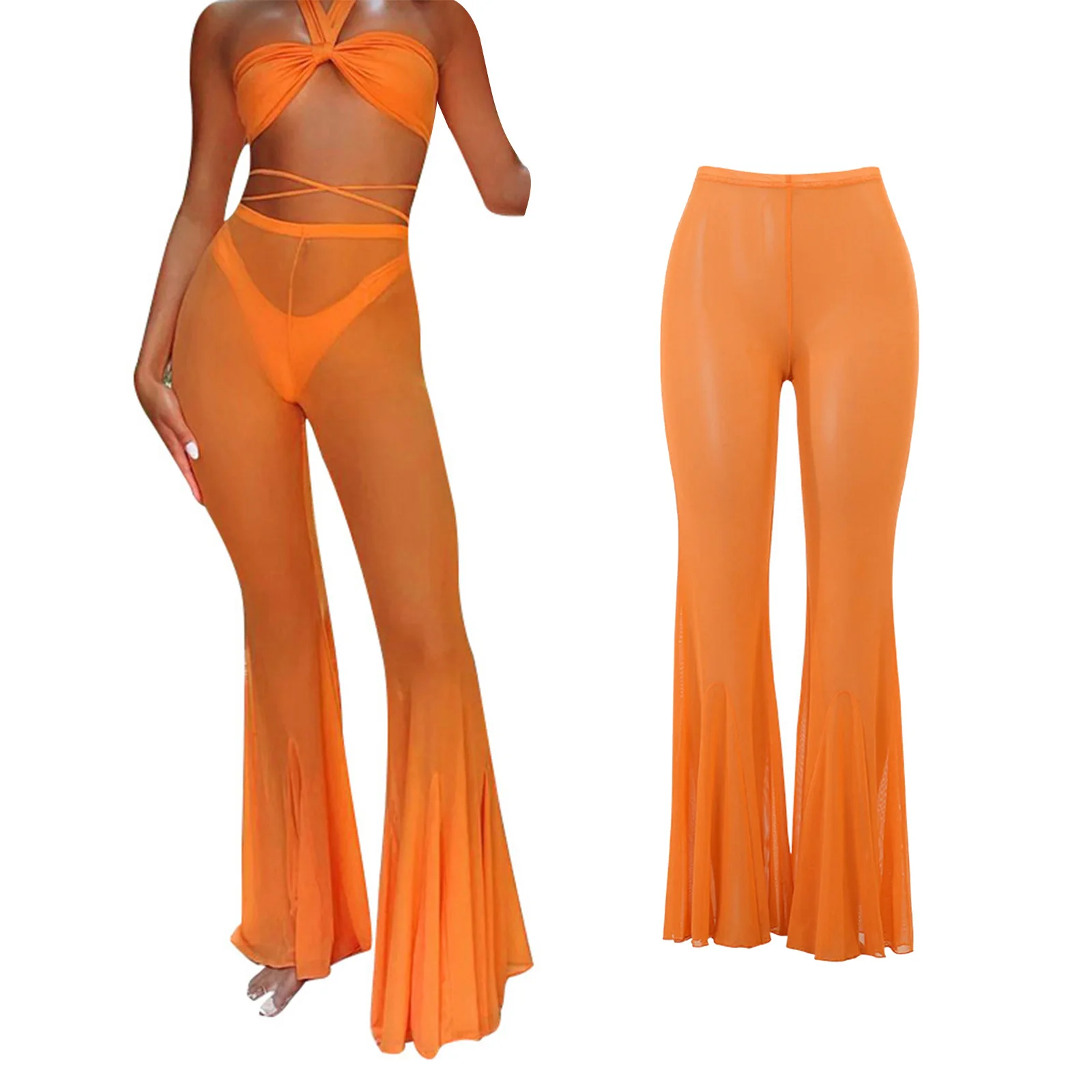 

2021 New Fashion Women Summer Flared Trousers,Solid Color Sheer Elastic High-Waist Bell-Bottomed Pants for Girls, Orange