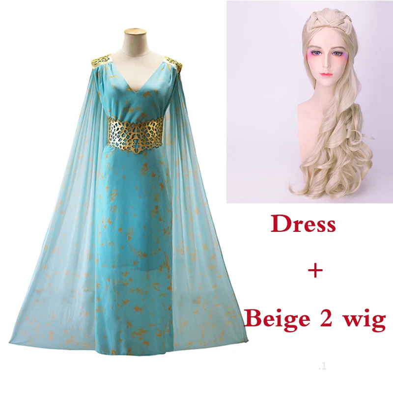 Dress Beige 2 Wig Костюм для косплея «Игра престолов», 8 сезон, свадебное платье Дейенерис Таргариен, вечерние костюмы на Хэллоуин, длинное синее платье для женщин и девочек - Цвет: Dress Beige 2 Wig