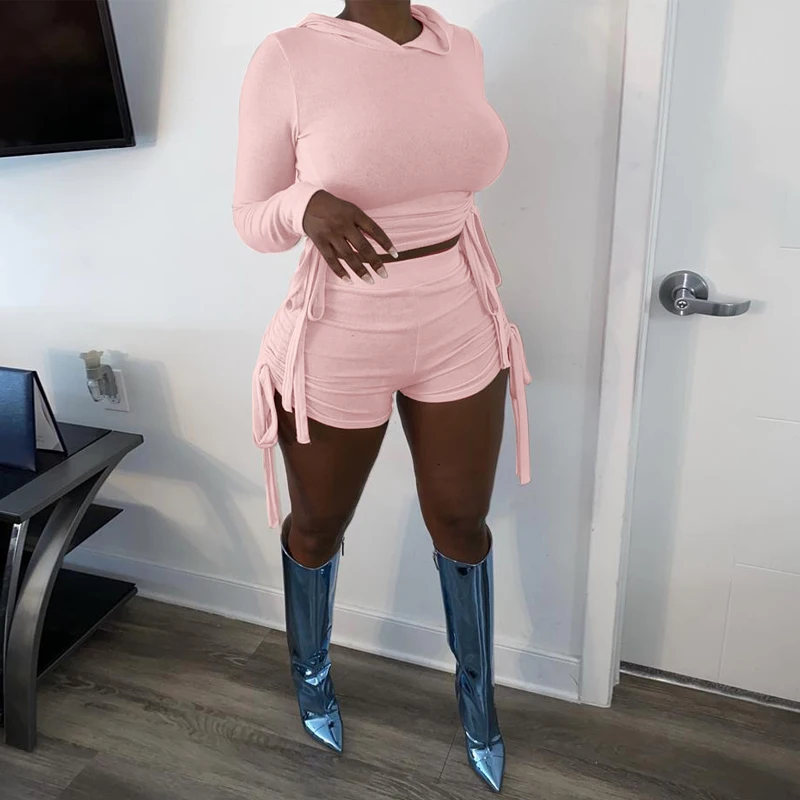 

Cutubly Long Sleeve Women'S Set Solid Two Piece Set Hooded Crop Top Biker Shorts Pants Set Tracksuit Women Fashion Outfits