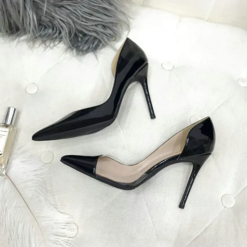 Брендовая стильная женская обувь Шпильки насосы с острым носком и на шпильке с прозрачными бортами из пространства Для женщин; свадебные туфли на высоком каблуке, из PU искусственной кожи, на высоком каблуке 12 см tyh