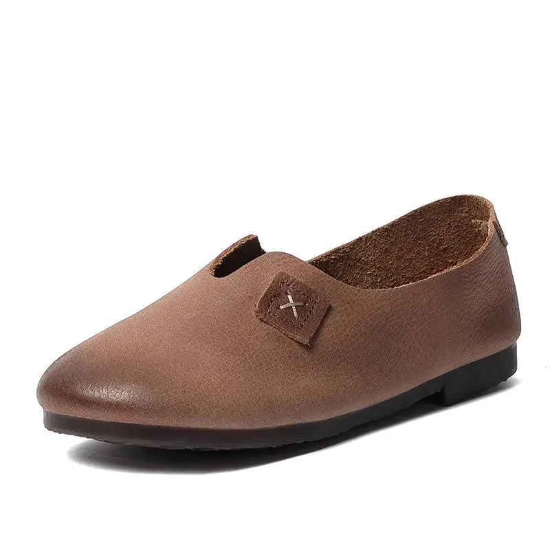 Johnature Women Shoes Genuine Leather Casual Flats Round Toe New Autumn Shallow Solid Color Handmade Womens Shoes - Цвет: Apricot