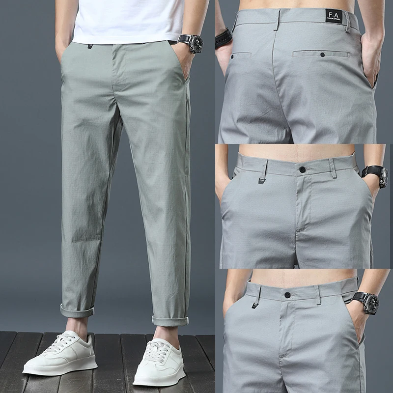 

Autumn Men Fashions Solid Color Casual Pants Men Straight Slight Elastic Ankle-Length High Quality Formal Trousers Men