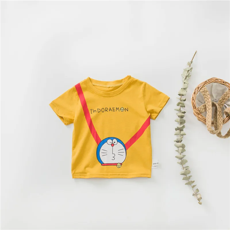 KIKIKIDS/Летняя футболка с героями мультфильмов для малышей Топы с короткими рукавами для маленьких мальчиков и девочек, Doraemon, Детская летняя одежда в Корейском стиле футболки с героями мультфильмов