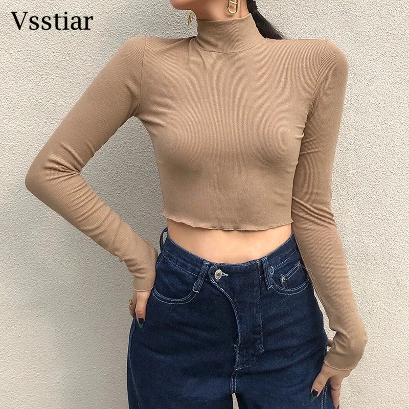 

Vsstiar Women's Long Sleeve Casual Tees Top Sexy Turtleneck Long Sleeve Bodycon Short Cropped Knitted Spring Khaki T-Shirt