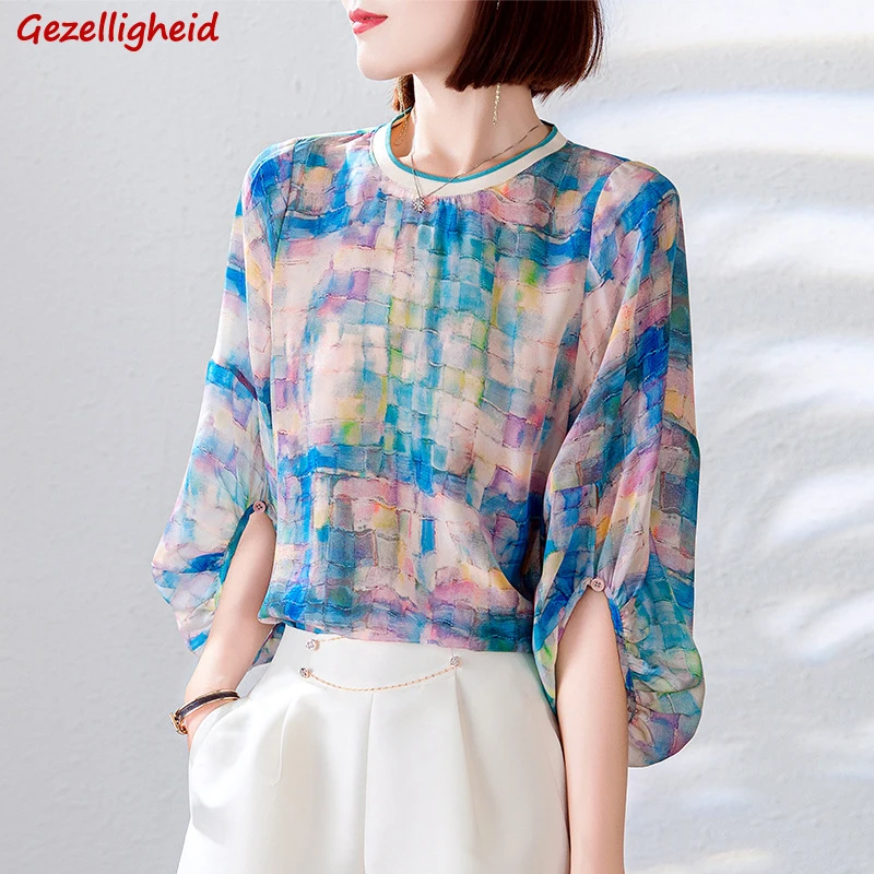 

Женские рубашки Gezelligheid, летние элегантные, роскошные, свободные, разноцветные, в клетку, из 2021 натурального шелка, 100%