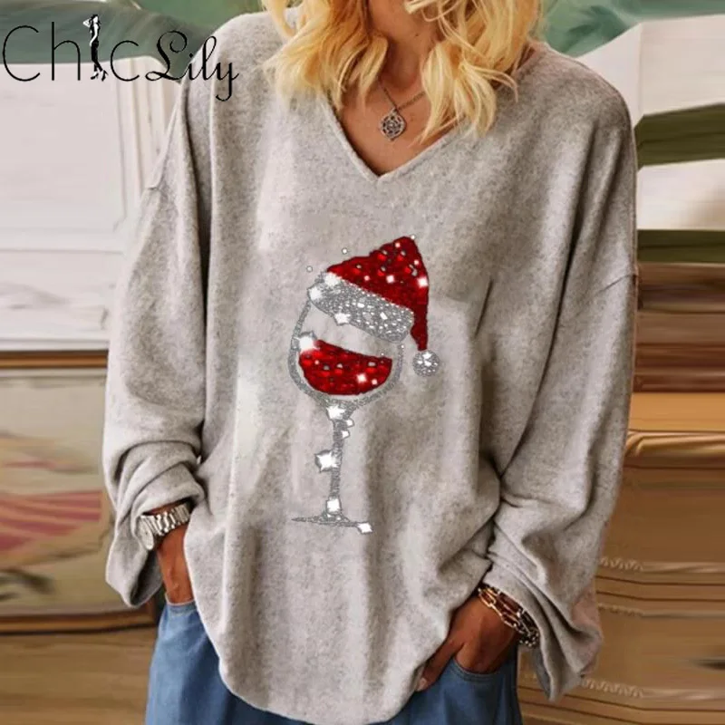 

Casual Christmas Wine Glass Printed Blouses Women Autumn Loose V Neck Pullover Top Streetwear Long Sleeve Female Shirt