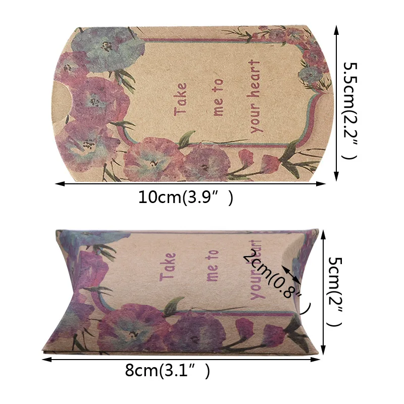 

5/20/200pcs Kraft Paper Box Wedding Favor Gift Floral Print Pillow Shape Candy Boxes Baby Shower Kids Birthday Party Supplies