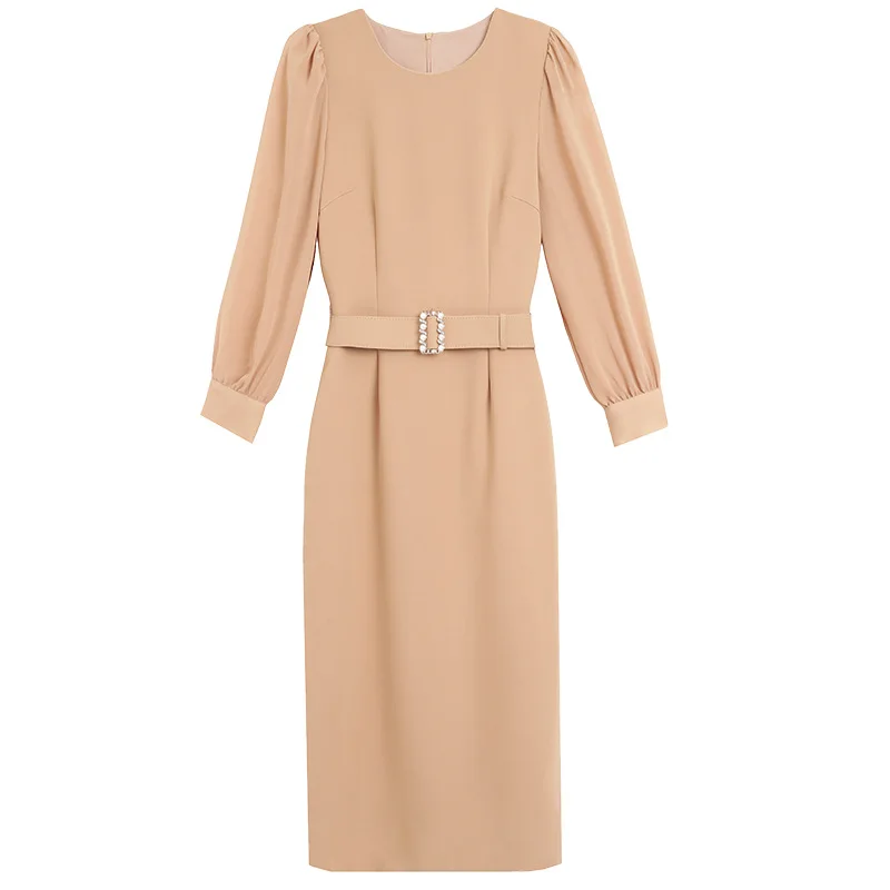 

Woman Dress 2021 Early Spring Dress Orange Pink Feminine Temperament Waist-Controlled Slimming New 3/4 Sleeve Overknee Skirt