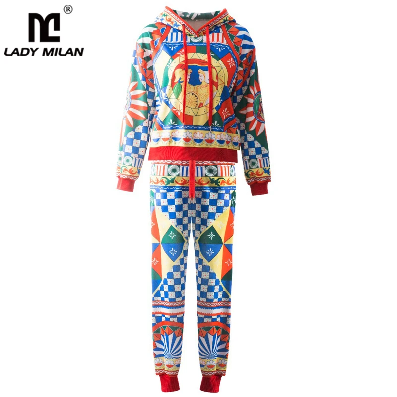 

Women's Runway Two Pice Pants Hooded Collar Long Sleeves Printed Hoodies with Pant Twinset Sets