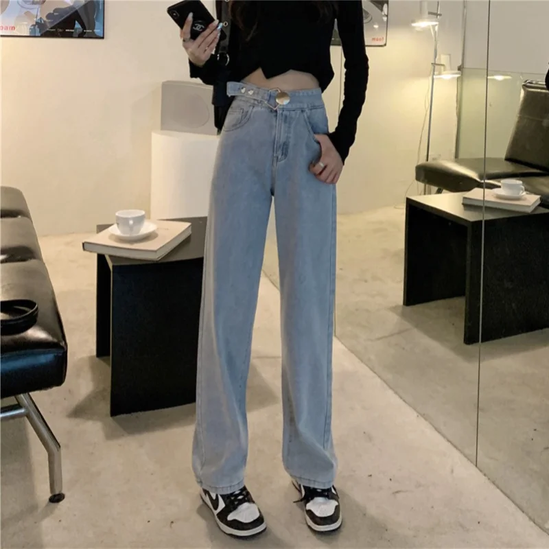 High Waisted Wide Leg Jean for Women Blue Denim Pant Loose Vintage Casual Long Female Trousers Jeans