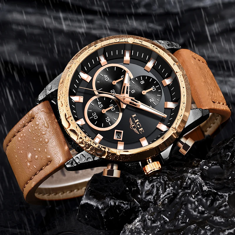 Watch Men 2020 LIGE Business Mens Watches Top brand Luxury Quartz Clock Casual Leather Gold For Waterproof Chronograph | Наручные часы