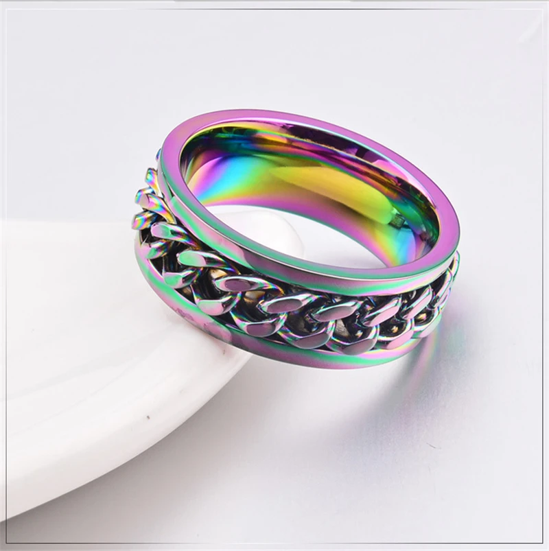 

Vintage Rainbow Color Chain Rings for Women Men Christmas Gifts High Quality 8mm Stainless Steel Jewelry Bague Bijouox Femme