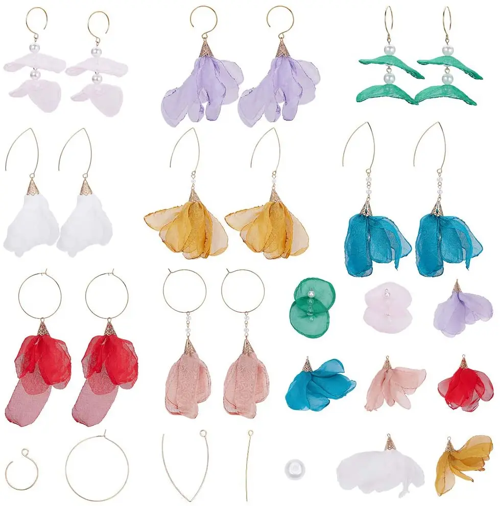 

8 Pairs Chiffon Petal Flower Dangle Earrings Jewelry Making Kit Light Weight Polyester Chiffon Flower Fabric Petal Drop Earrings