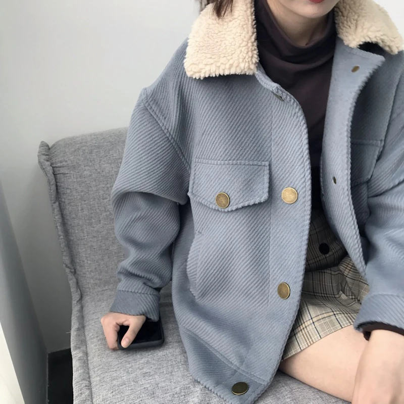 

Corduroy Woolen Women's Jacket 2021 Autumn and Winter New Korean High Street Short Woolen Lamb Fur Collar Coat Tops Femme
