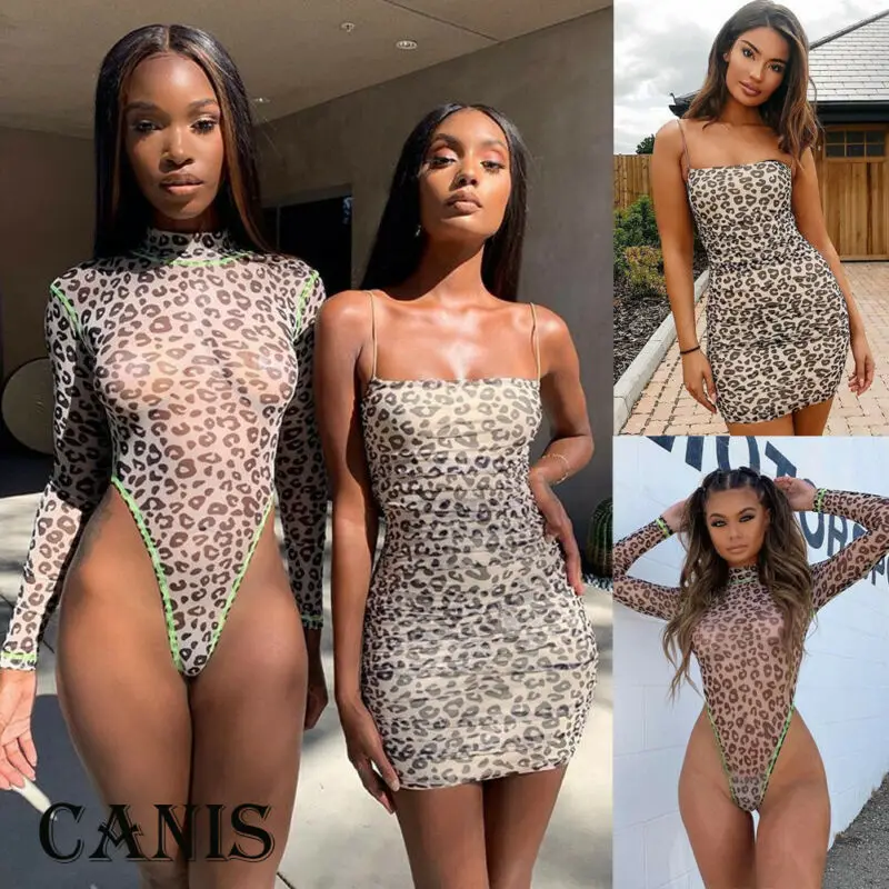 Женский леопардовый комбидресс облегающий боди с высоким вырезом и длинным