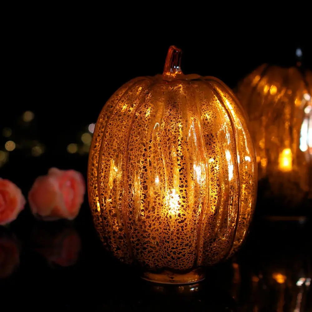 

Romingo Mercury Glass Lighted Pumpkin with Timer for Fall Decor, Christmas gift, Orange, 7.5 inches