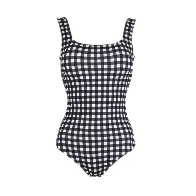 Ins style Japanese plaid one-piece swimsuit women Korean style open back small fresh swimsuit women