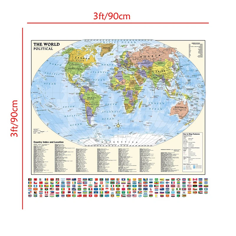 Карта мира с национальными флагами 90x90 см Нетканая Картина на холсте настенный