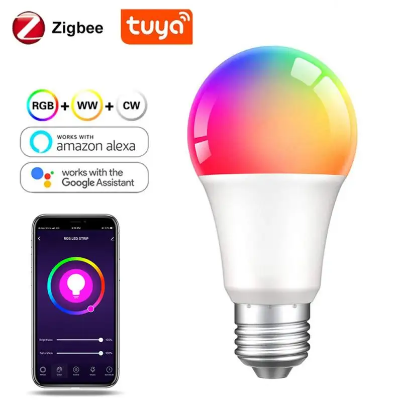 

Умная Светодиодная лампа Tuya E27 Zigbee, многоцветный светильник с регулируемой яркостью и таймером, работает с Alexa Google Home