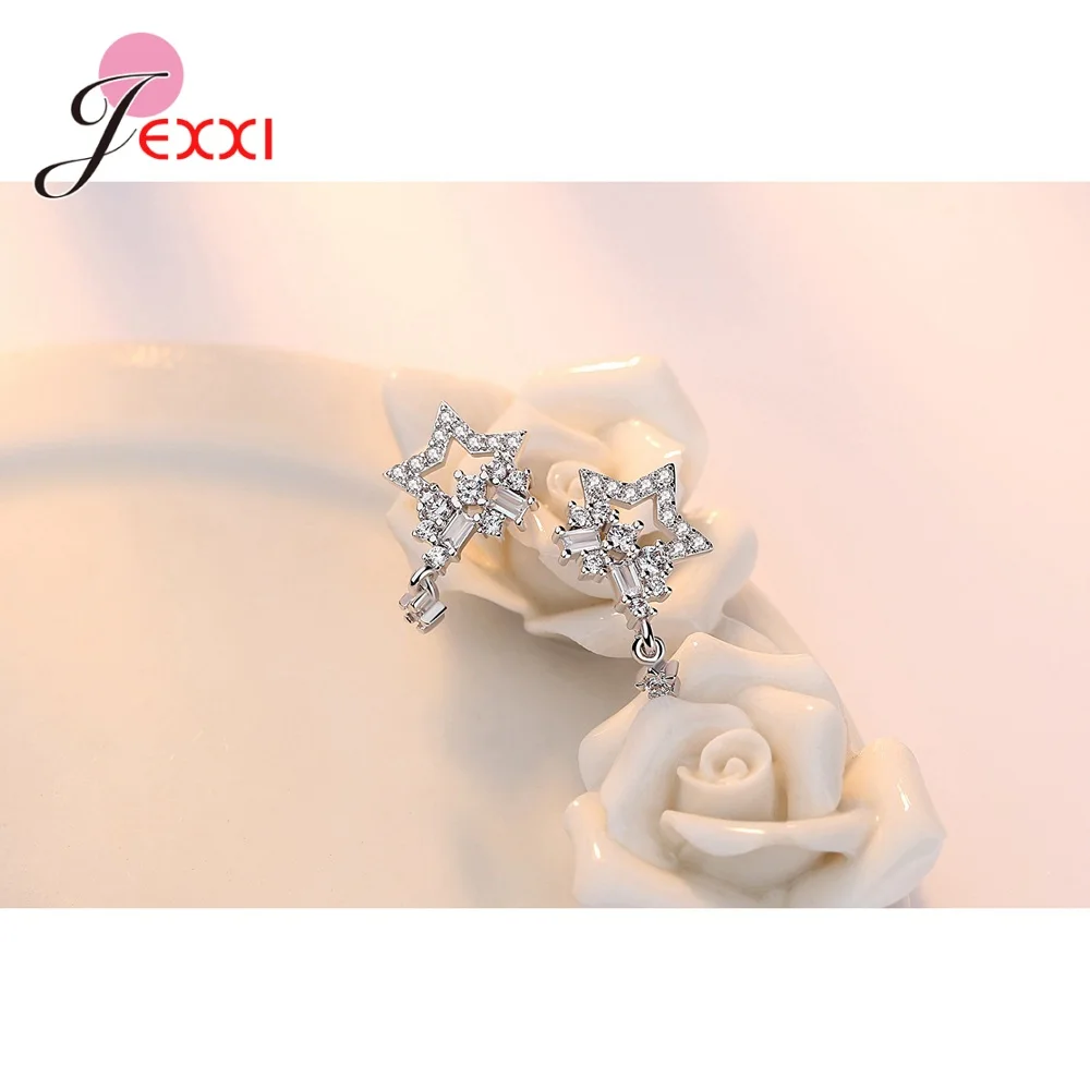 925 Sterling Silver Statement Earrings Cubic Zirconia Stone Inlay Paved Setting Star Hanging Dangle Modern Ear Brincos Jewelry | Украшения