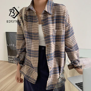 Женская шерстяная рубашка в клетку, с карманами и отложным воротником