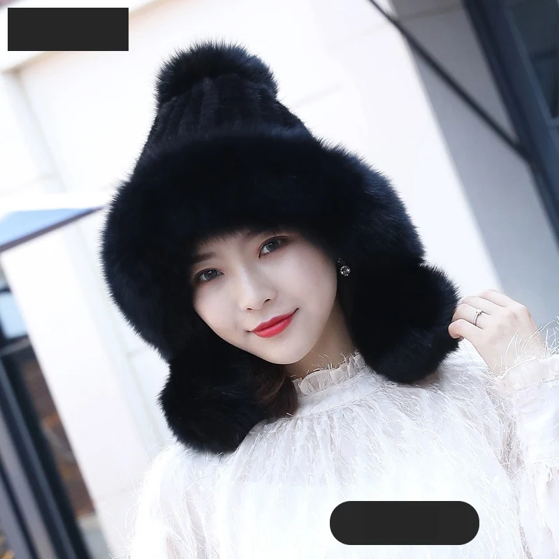 Натуральная вязаная шапка-бомбер из меха норки зимние теплые шапки лисьего