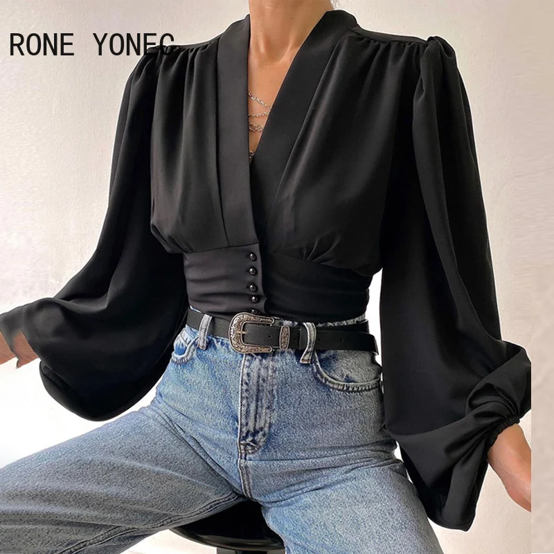 

Женская однотонная Элегантная блузка с длинными рукавами-фонариками и глубоким V-образным вырезом