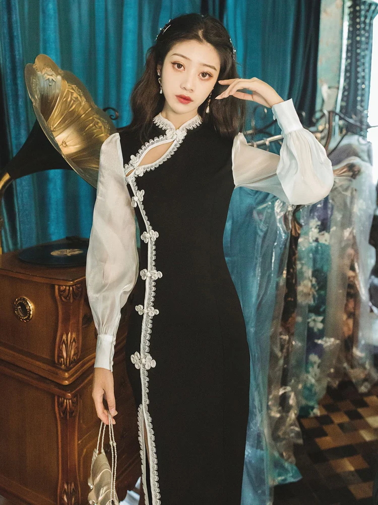 

Deivor French minority Style Vintage Lace stitching waist up improved cheongsam dress