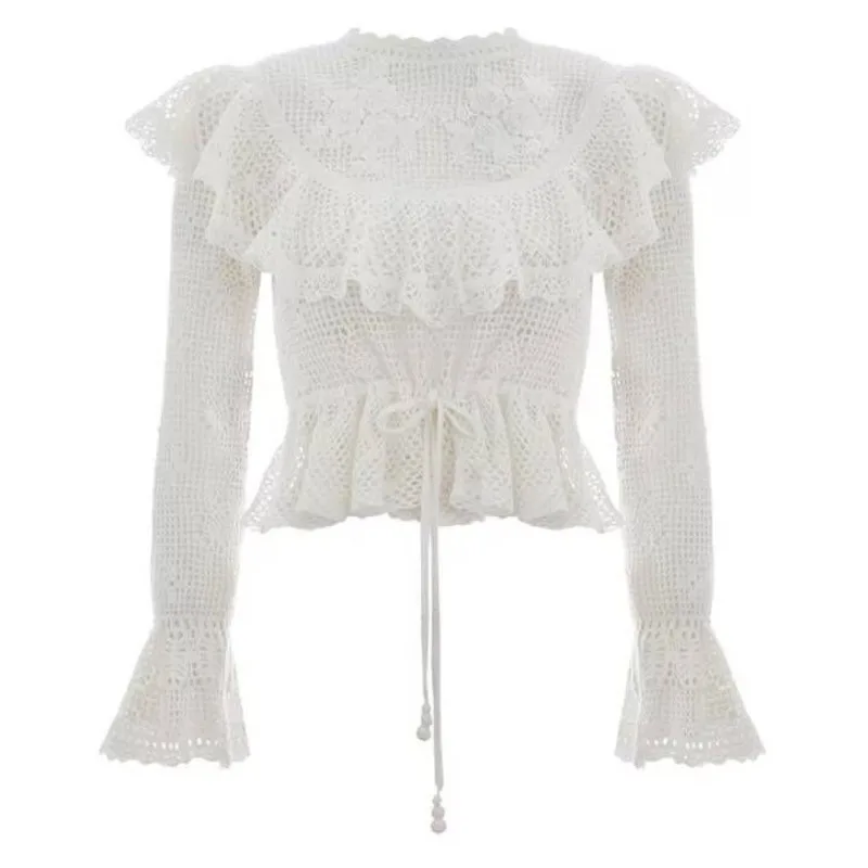 

DEAT Women White Ruffles Hollow Bandage Lace Blouse New Round Long Sleeve Loose Fit Shirt Fashion Tide Summer 2021 7D00437