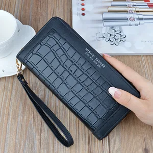 women crocodile pattern stitching long wallets female multifunction zipper coin purses solid color wristband clutch phone bag free global shipping